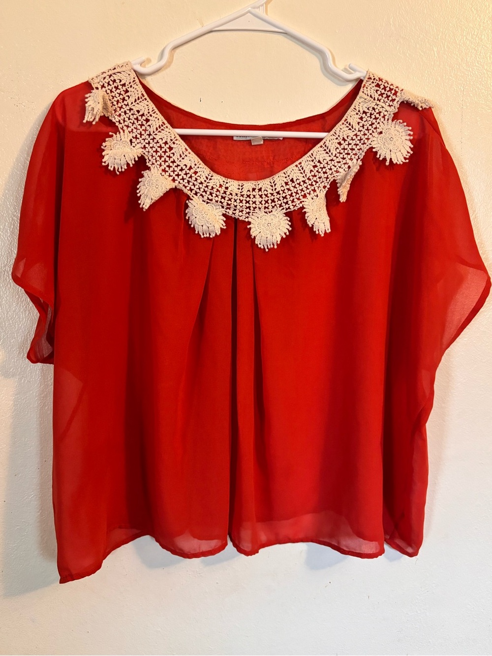 Collective Concepts Orange Chiffon Blouse with Cream Crochet Collar